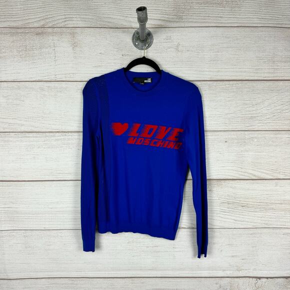 Love Moschino Women's Blue Red Graphic Mesh Sleeve Sweater Top Size 6 - Picture 1 of 8